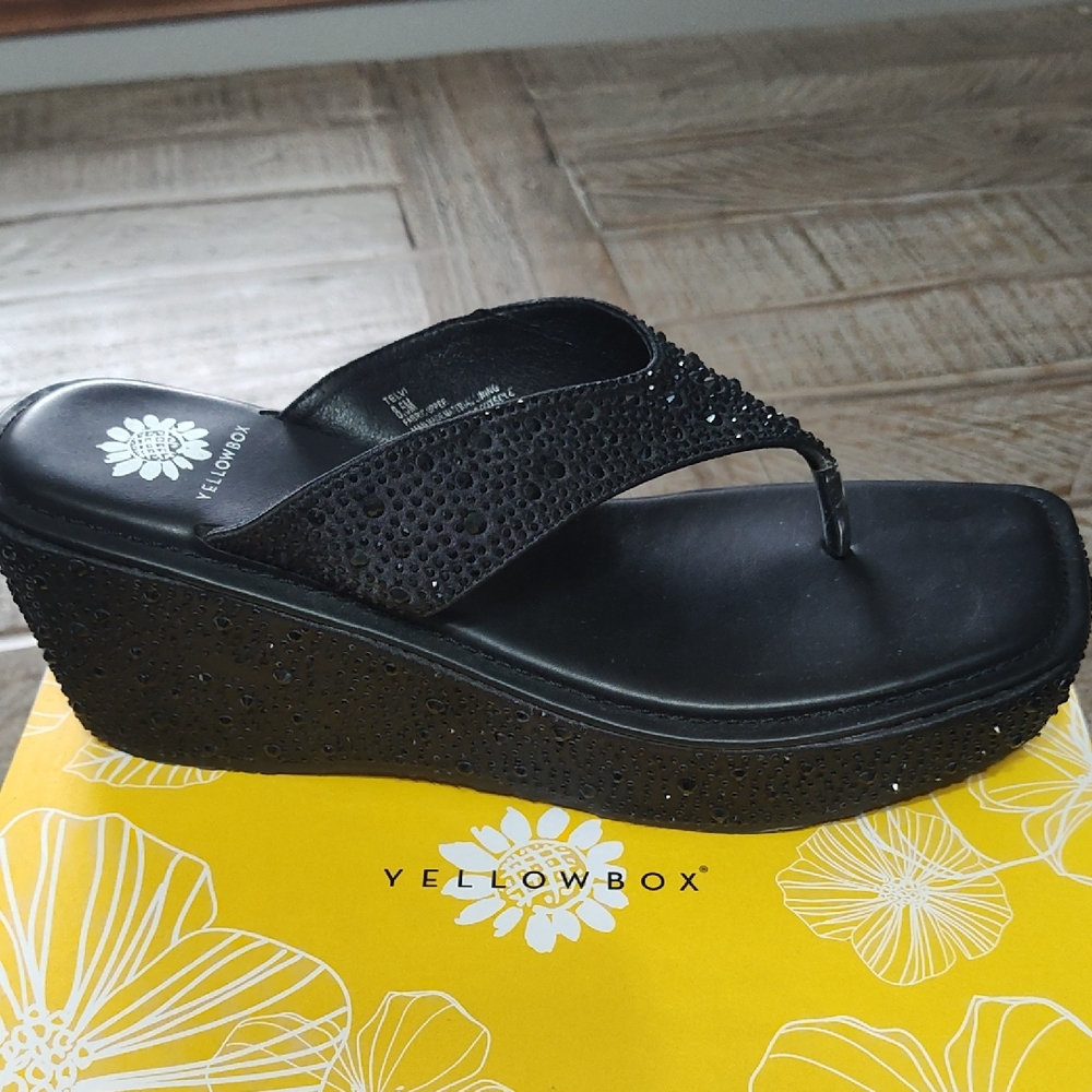 Yellow Box Black Sparkle Wedge Sandals